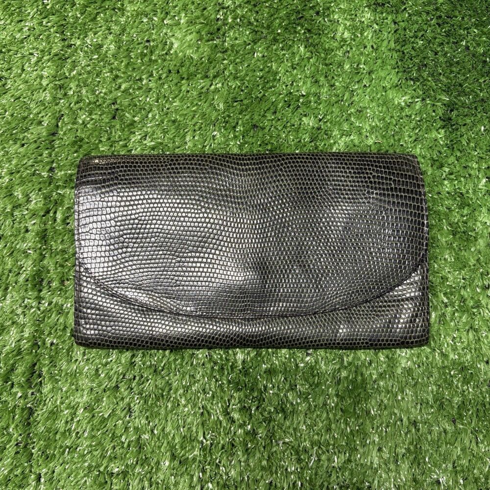 Womens Vintage Bottega Veneta Green Lizard Skin Leather Clutch Wallet